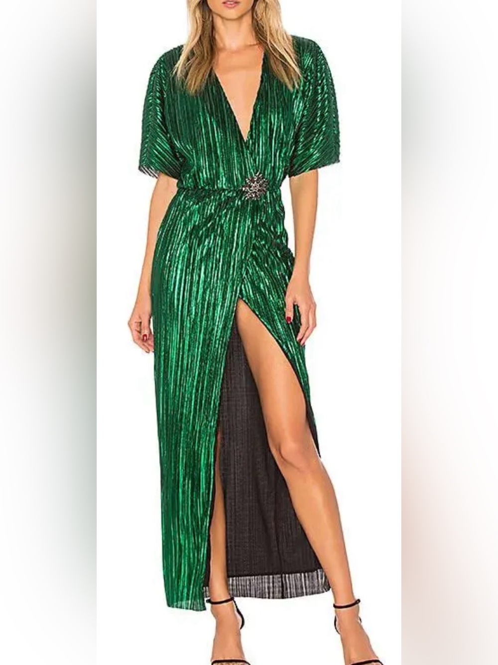 House of Harlow 1960 Shimmering Emerald Green High-Slit Pleated Dress